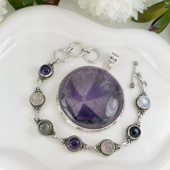 Sterling Silver 925 Jewelry Set Star Amethyst Pendant & Multi Bracelet - Picture 3 of 11
